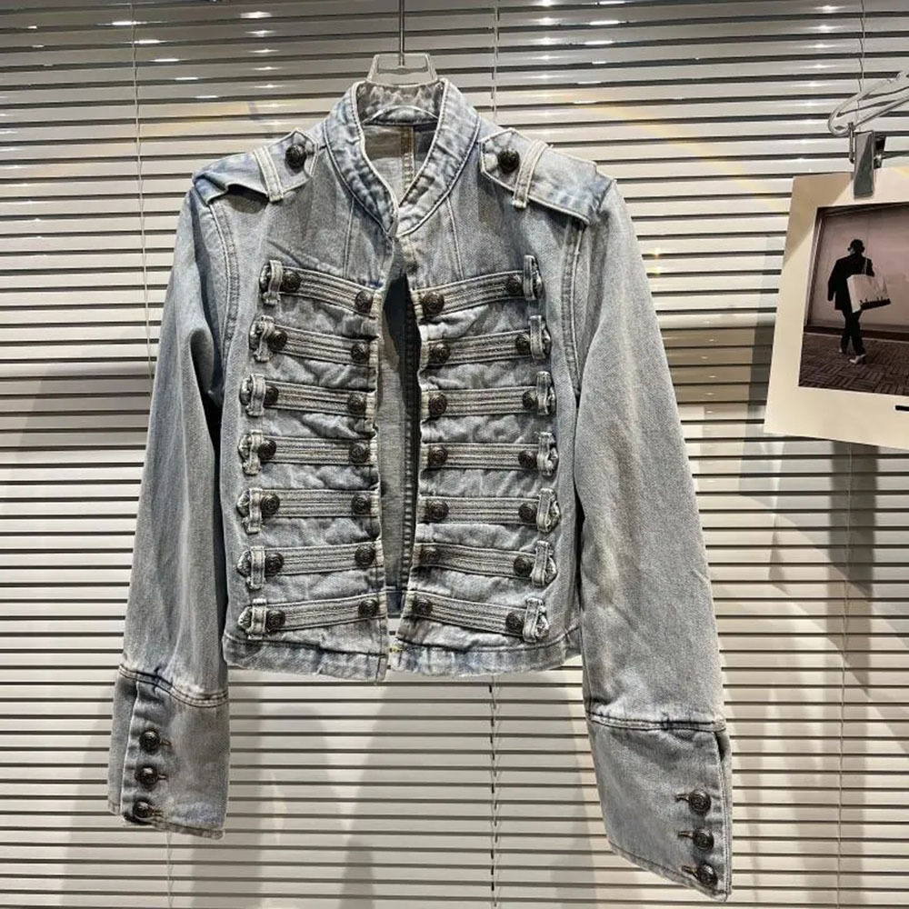 女性用メタルリブデニムジャケット,ボタン付きショートスリムコ - Women Fashion Jeans Top のレビューと価格