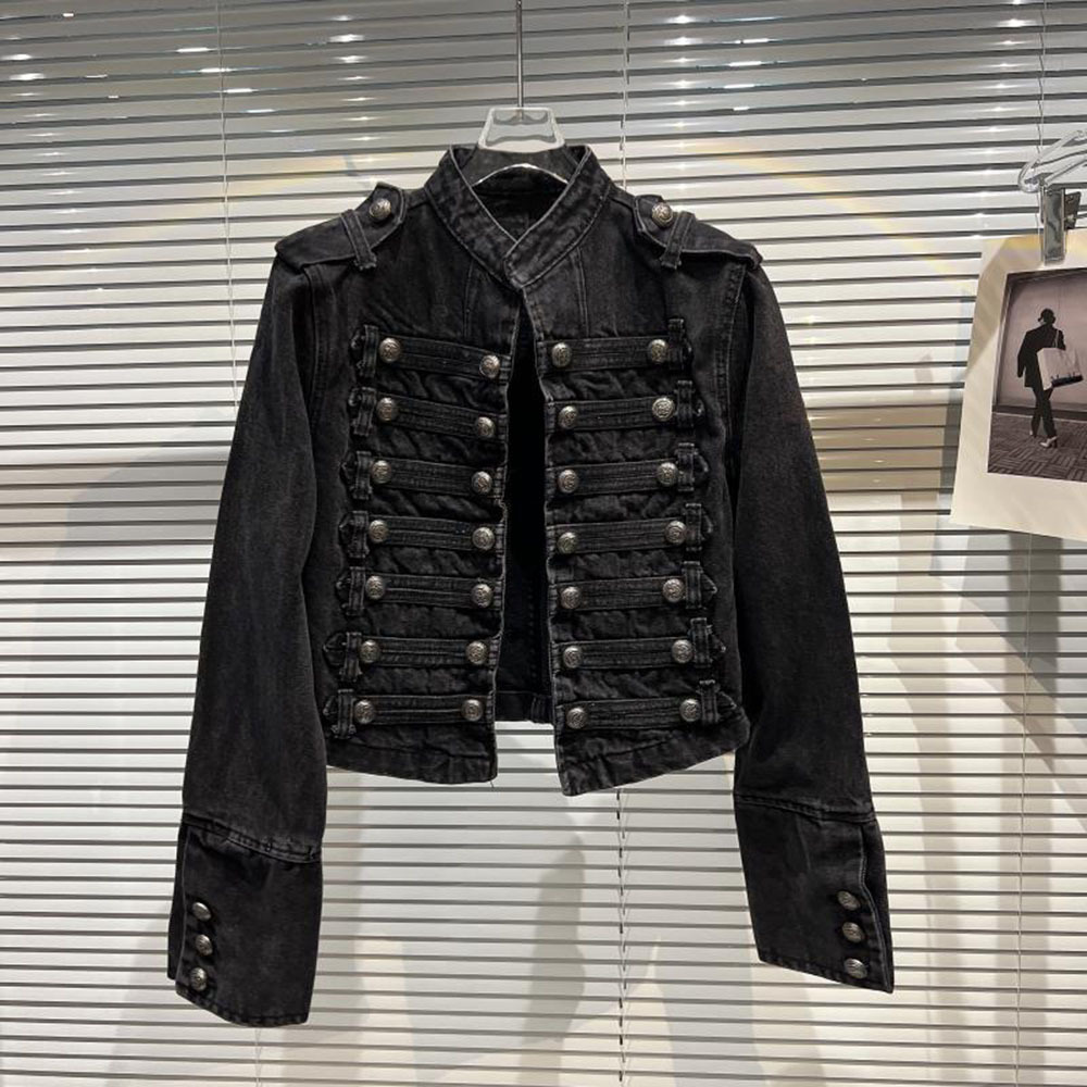 女性用メタルリブデニムジャケット,ボタン付きショートスリムコ - Women Fashion Jeans Top のレビューと価格