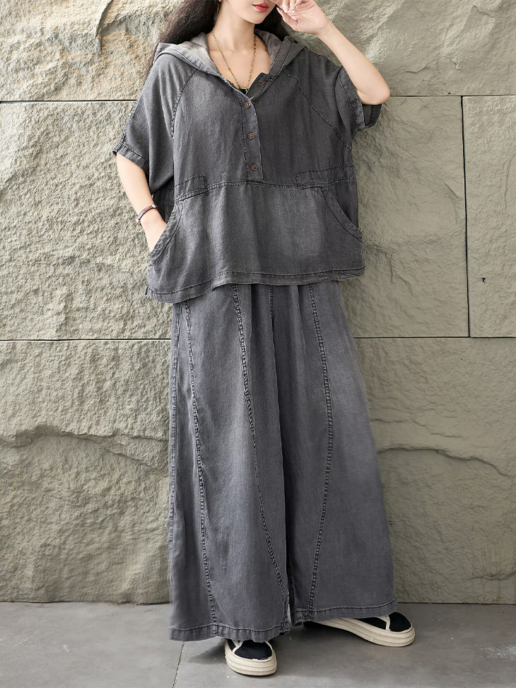 Amax LuluE 夏フード付き 2 ピースセット女性ファ - Women Fashion Jeans Top のレビューと価格