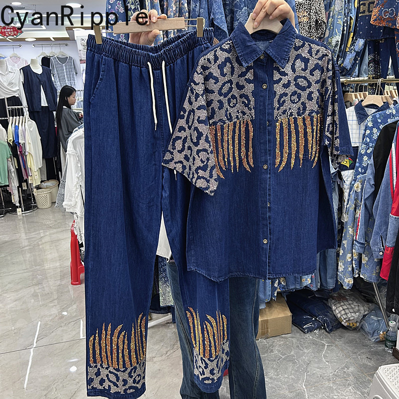 ファッション春夏女性ツーピースセットホットダイヤモンドヒョウ - Women Fashion Jeans Top のレビューと価格