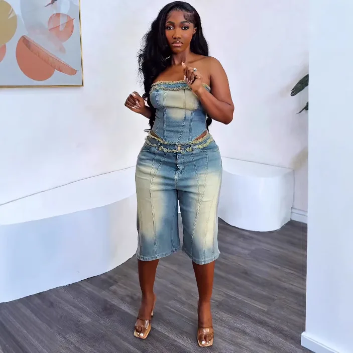 ヨーロッパとアメリカの女性用デニムスーツ。 夏の新しいファッ - Women Fashion Jeans Top のレビューと価格