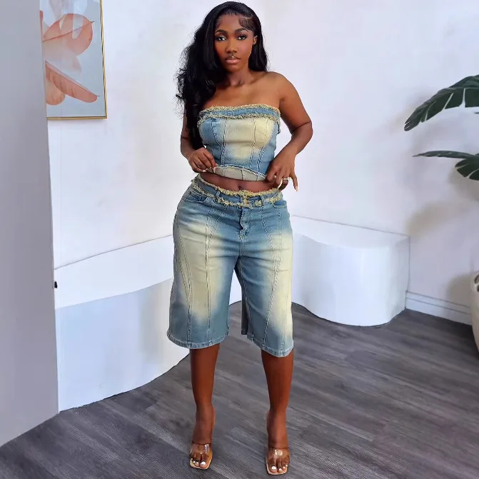 ヨーロッパとアメリカの女性用デニムスーツ。 夏の新しいファッ - Women Fashion Jeans Top のレビューと価格
