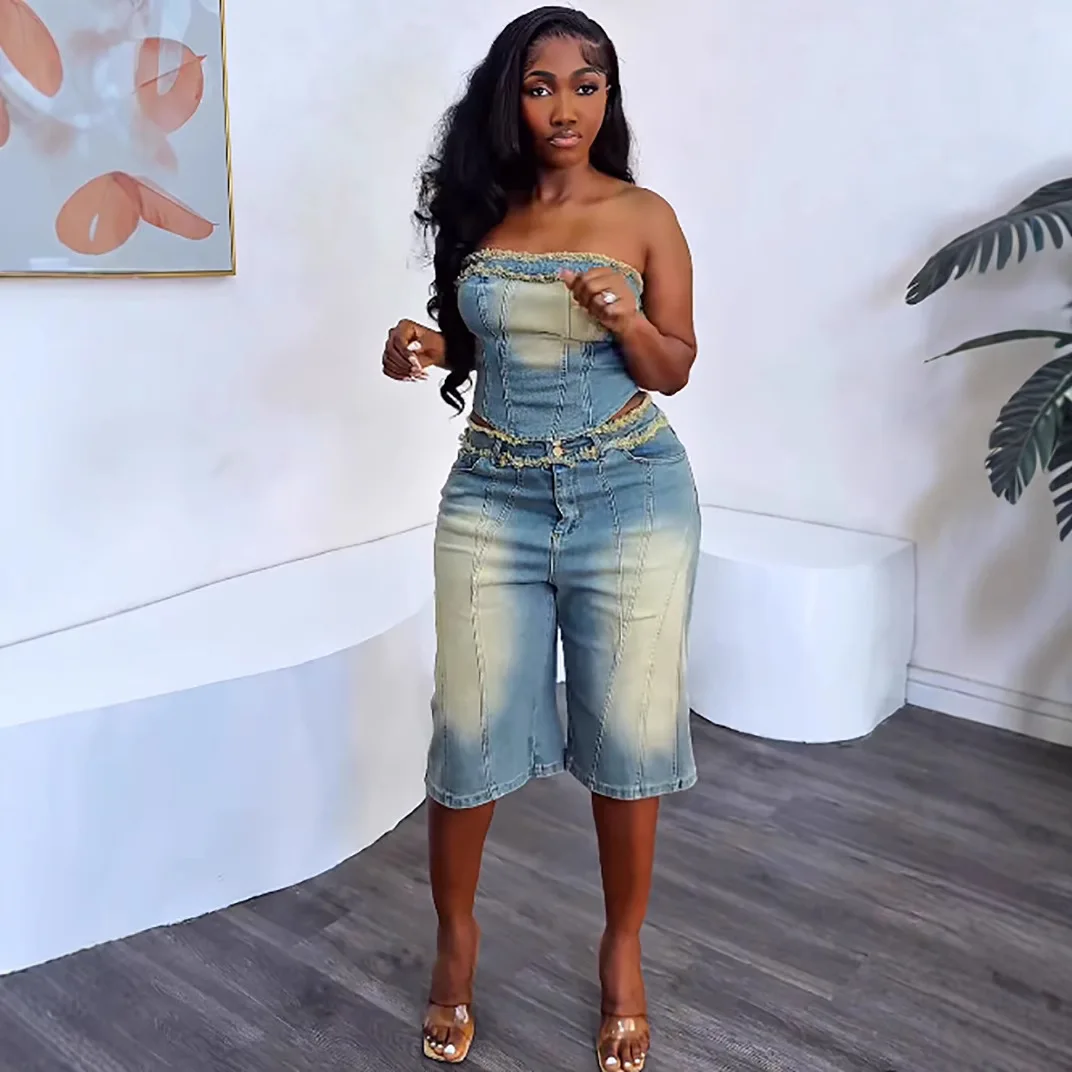 ヨーロッパとアメリカの女性用デニムスーツ。 夏の新しいファッ - Women Fashion Jeans Top のレビューと価格