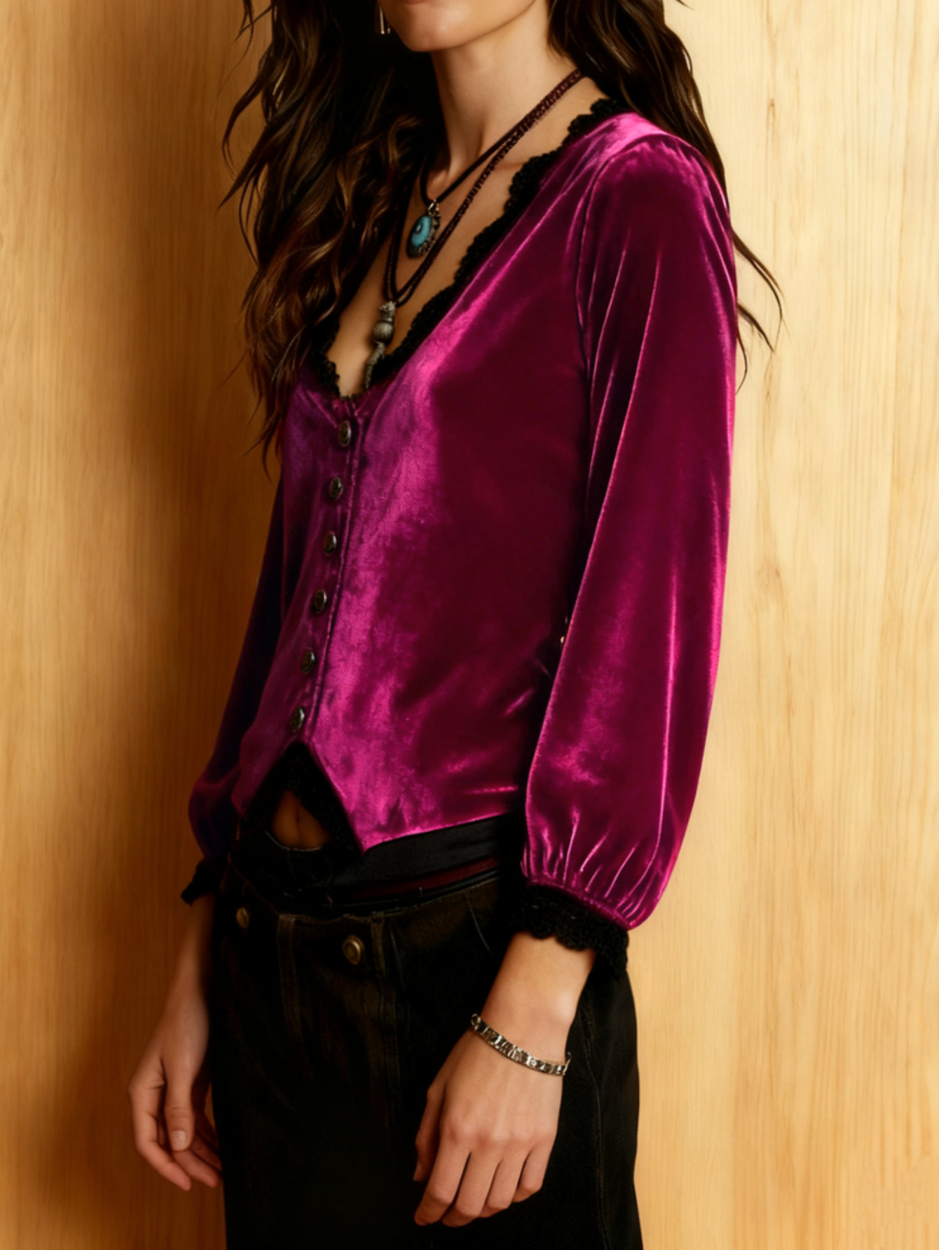 Vネックレーストリムボタンダウンブラウス、パフスリーブクロッ - Women Fashion Outfits のレビューと価格