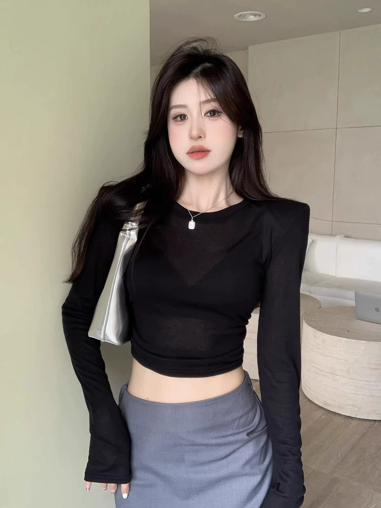 Y2K セクシーなショルダーパッド長袖 Tシャツ女性シアーメ - Crop Top Women のレビューと価格