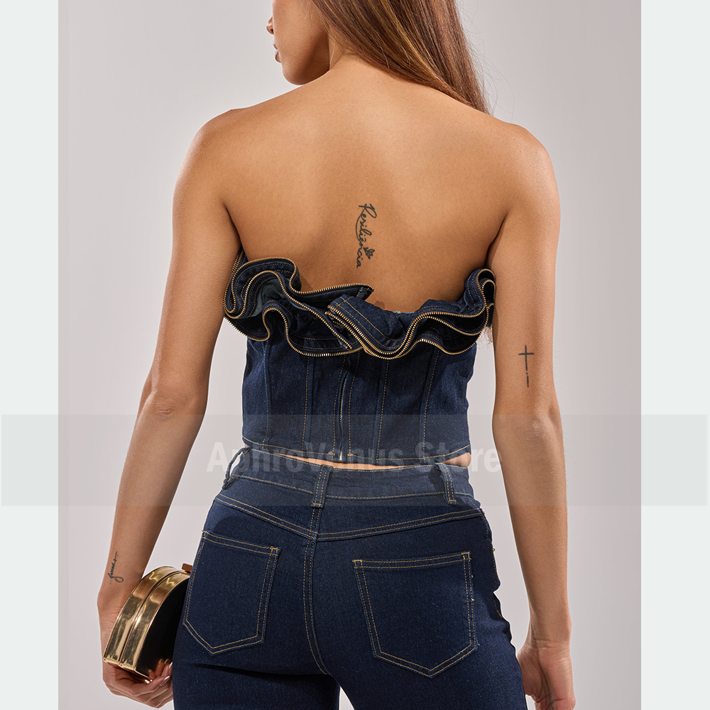 女性用Y2Kデニムコルセットトップ、ストラップレスフリルジッ - Women Fashion Jeans Top のレビューと価格